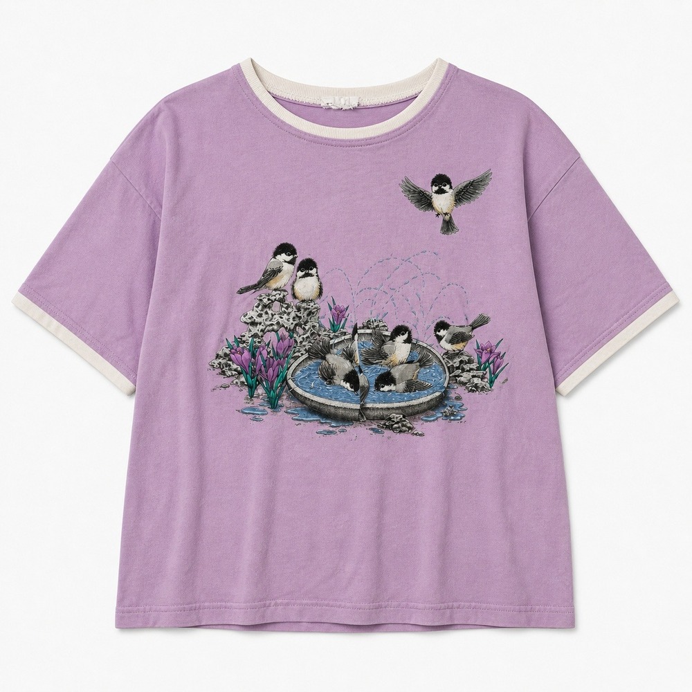 Vtg 90s Chickadee Birdbath Graphic Ringer Tee Purple‎ Lavender L Grannycore